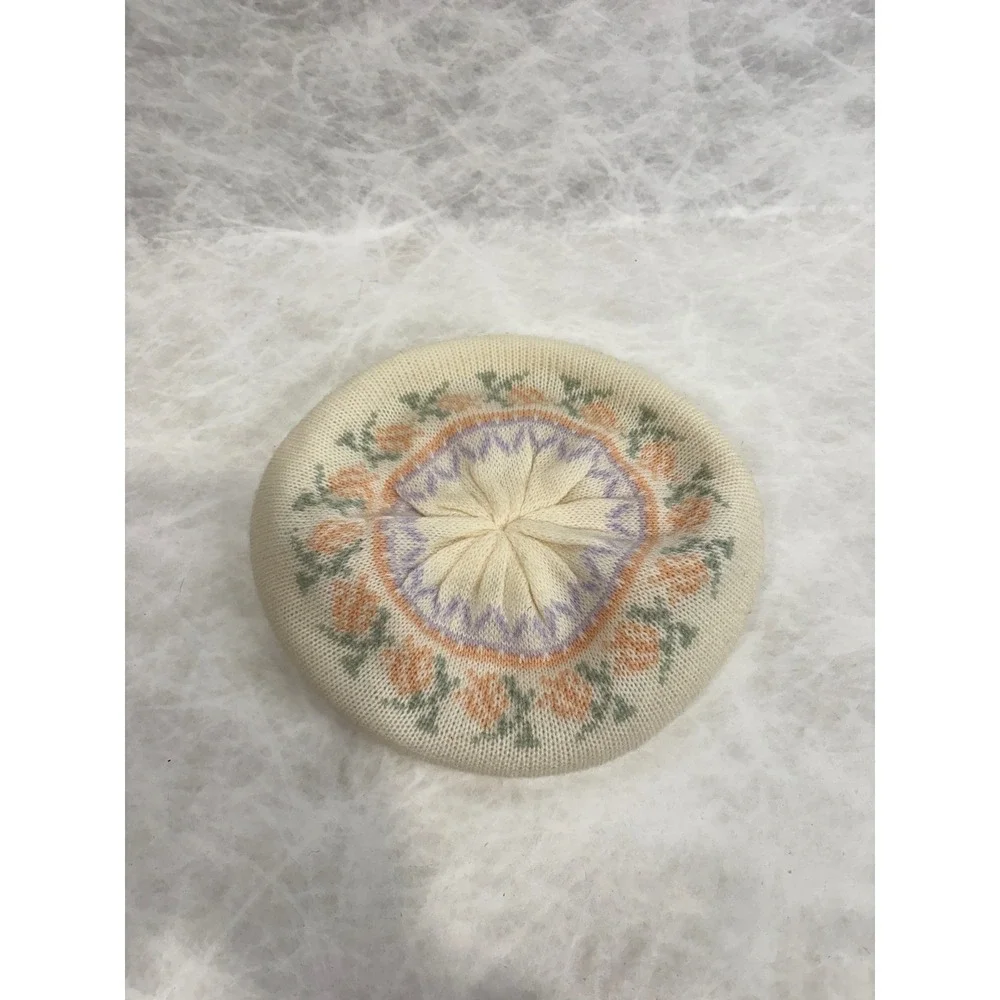 English Village‎ Vintage Knit Beret Hat Cream Floral Pastel Fair Isle Acrylic